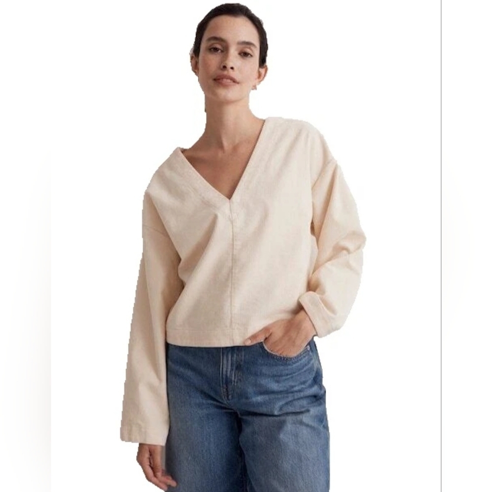 Madewell Womens Cream Waffle Knit Relaxed Long Sleeve V Neck Blouse Top Medium